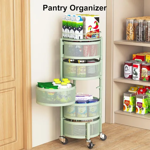 Miniatura 6 de SAYZH Cesta de frutas y verduras para cocina, estante de almacenamiento giratorio, carrito rodante de 5 niveles con tapa superior, ruedas de alambre