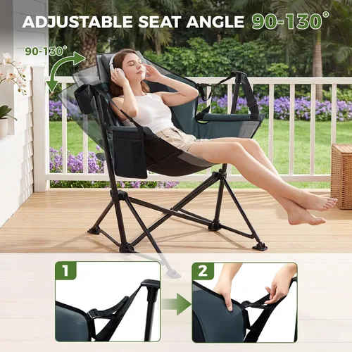 Miniatura 7 de EVER ADVANCED Hamaca acolchada para camping, silla columpio de gran tamaño resistente con portavasos desmontable, silla mecedora plegable portátil