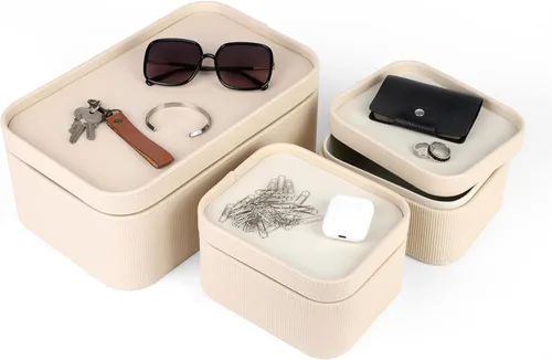 Miniatura 3 de HofferRuffer Cajas de almacenamiento decorativas de piel sintética, cestas de almacenamiento a prueba de polvo con tapas y bandejas, contenedores