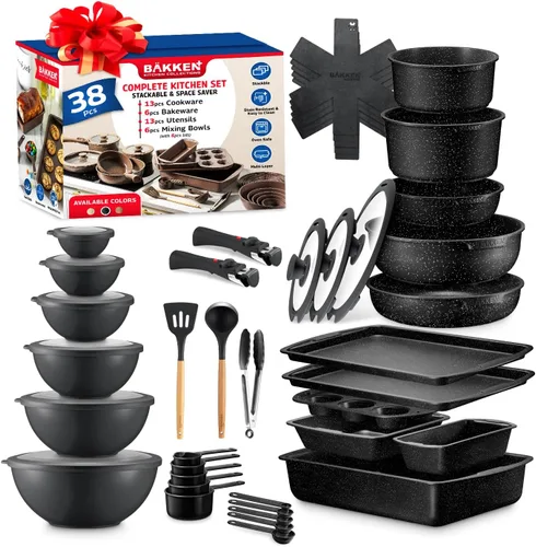 Miniatura 11 de Bakken Master - Juego de utensilios de cocina y utensilios para hornear de granito de 38 piezas, revestimiento de granito antiadherente, ollas