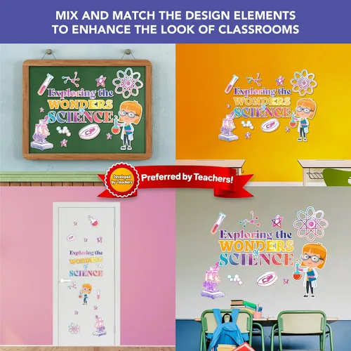 Miniatura 6 de Decorably Juego de 17 piezas de decoración de tablero de anuncios de ciencia inspiradora con bordes, cartulina laminada brillante para decoración
