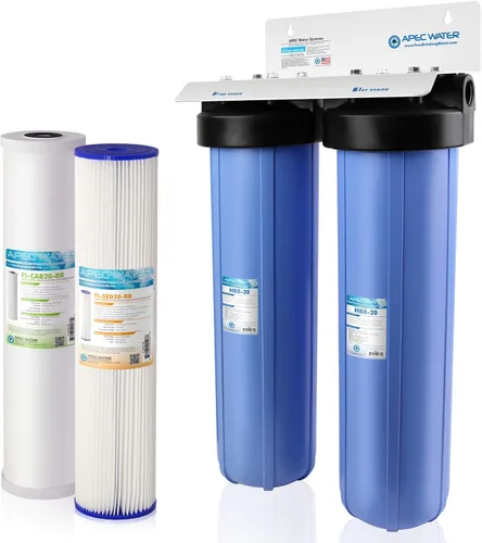 APEC Water Systems CB2-SED-CAB20-BB Sistema de filtro de agua de 2 etapas para toda la casa con filtros de sedimentos y carbono, dimensiones