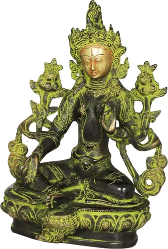 Miniatura 2 de Exotic India Tara verde, quien te salva (deidad budista tibetana) - Estatua de latón - Color increíble color negro verde dorado