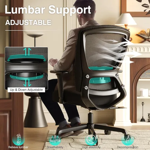 Miniatura 2 de ELABEST T96C Silla Ergonómica de Oficina en Casa, Silla de Escritorio de Malla para Computadora con Reposabrazos 4D, Soporte Lumbar Ajustable, Silla