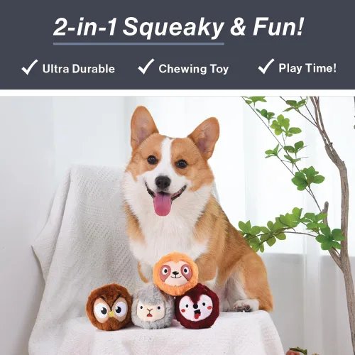 Miniatura 2 de HugSmart Pet Zoo Ball (paquete de 4) Pelota de tenis de felpa y chirriante para perro, sin relleno, juguetes interactivos resistentes para perros
