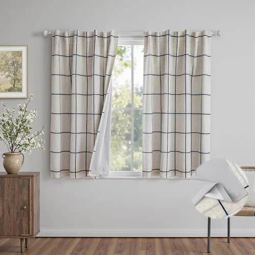 Miniatura 33 de MYSKY HOME Cortinas de Lino a Cuadros 100% Opacas de 45 Pulgadas de Largo de Doble Capa Estilo Granja con Aislamiento Térmico Estampado a Cuadros