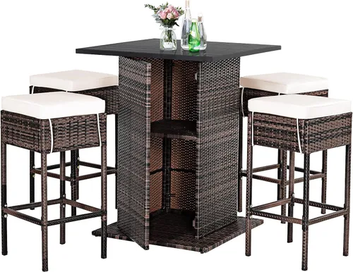 Miniatura 10 de Tangkula - Juego de barra para patio, 3 piezas de mimbre para exteriores, con 2 taburetes con cojines y mesa con cubierta de cristal, color gris