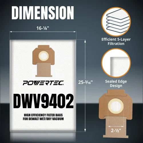 Miniatura 2 de POWERTEC DWV9402 - Bolsas de forro polar para Dewalt DWV010, DWV012, DWV015, extractor de polvo, bolsas de repuesto para aspiradora Dewalt (75029V)