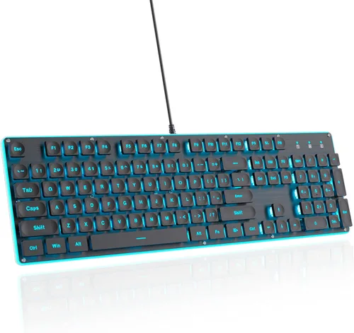 Teclado retro punk de 104 teclas, máquina de escribir de tamaño completo, teclado negro con retroiluminación LED azul, membrana silenciosa con cable