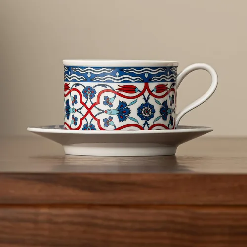 Miniatura 6 de Taza de café de cerámica con platillo, 8 onzas, taza de café de porcelana con margarita gris turco Iznik para oficina en casa, regalos para mujeres