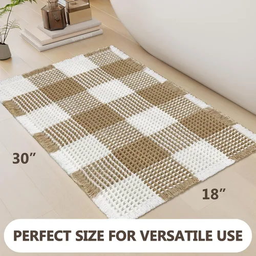 Miniatura 2 de Arenarug Tapete de baño de punto gofre a cuadros, súper absorbente, bohemio, antideslizante, lavable, ultra suave, con borlas, para suelo de baño