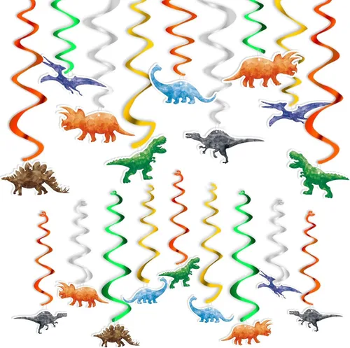 Remolino Colgante de Dinosaurio Acuarela - 24 Piezas Decoraciones de Fiesta de Dinosaurios para Niños Varones Suministros de Fiesta de Cumpleaños