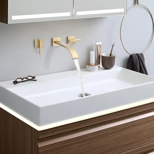 Miniatura 4 de RBROHANT RB0997 - Grifo de baño de latón cepillado para montaje en pared, 2 asas, montaje en pared, válvula empotrada incluida, RB0997 Oro cepillado