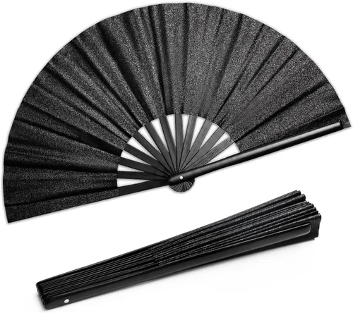 Hasina Ventilador de mano plegable grande con purpurina, ventilador de mano plegable de bambú para hombres y mujeres, diseño brillante para fiestas
