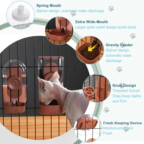 Miniatura 3 de Lemtrflo Dispensador Automático Colgante de Alimentos y Agua, Juego de Alimentador de Gravedad para Conejos, Chinchillas, Conejitos de Indias, Marrón