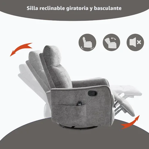 Miniatura 9 de Sillón reclinable de masaje de respaldo alto con calor, mecedora giratoria para espacios pequeños, sillón reclinable manual para adultos, perfecto