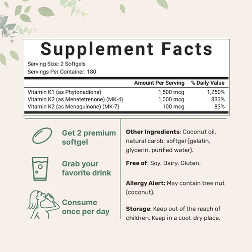 Miniatura 2 de Micro Ingredients Complejo súper vitamina K (K2 MK7 + MK4 y K1), cápsulas blandas de aceite de coco 360 Vitaminas K de fácil absorción, complejo