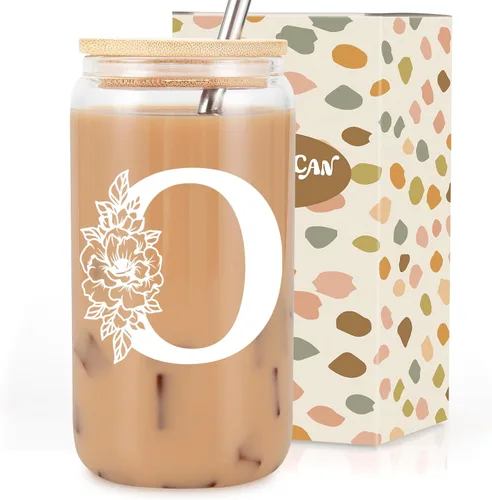 Miniatura 14 de Taza de Vidrio Inicial Coolife, Regalos Personalizados con Monograma para Mujeres, Tazas de Vidrio de 16 oz con Tapas y Popotes, Taza de Café