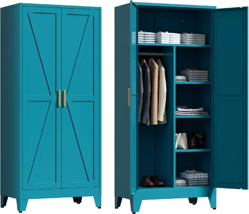Miniatura 10 de Washsemba 180 cm de armario de metal para casa rural con barra para colgar, 2 armarios de granero con estantes ajustables, cajón, para comedor