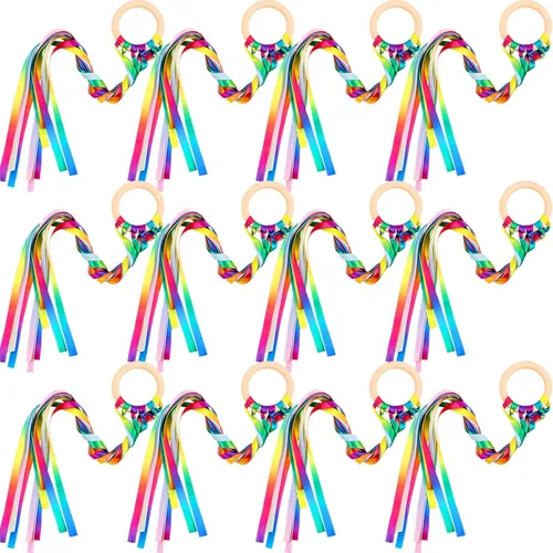 Miniatura 11 de Deekin 12 piezas de cinta de arco iris de madera Waldorf juguetes creativos Waldorf juego de cometas de mano serpentinas con anillo de madera