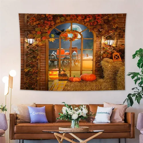 Miniatura 7 de HVEST Tapiz de bosque otoñal para colgar en la pared, hojas de arce naranja y sol, tapiz para colgar en la pared, tapiz de hojas de árbol de otoño