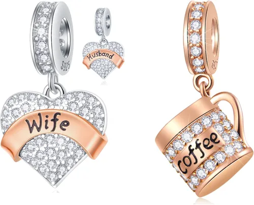 GEMDAZZ Juego de 2 dijes de oro rosa para esposa, esposo y taza de café, en plata de ley 925, regalo para parejamamá papá, Plata, Circonita Cúbica