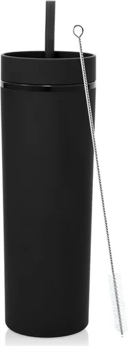 Volhoply - Vaso delgado de plástico de 20 onzas con tapa y pajita, vaso de doble pared reutilizable para café helado de viaje, botellas de agua de