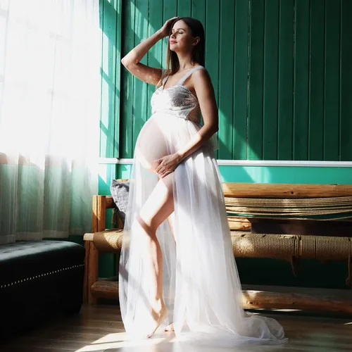 Miniatura 4 de Vestido de maternidad para fotografía, lentejuelas con purpurina, hombros descubiertos, tul con abertura frontal, vestidos de embarazo para sesión