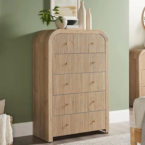Miniatura 8 de T4TREAM Cómoda acanalada con 3 cajones, cómoda moderna de 32 pulgadas de alto con diseño de perfil curvado grueso, organizador de almacenamiento
