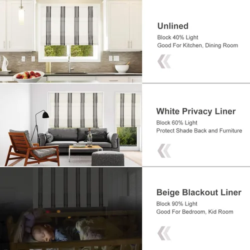 Miniatura 3 de Persianas romanas sin cordón, persianas romanas para ventanas con rayas negras de bloqueo total premium, persianas romanas personalizadas de tela