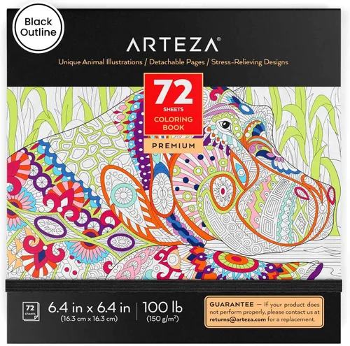 Arteza Libro para colorear para adultos, 6.4 x 6.4 pulgadas, diseños de animales, 72 hojas, papel de 100 libras, páginas desprendibles, contornos