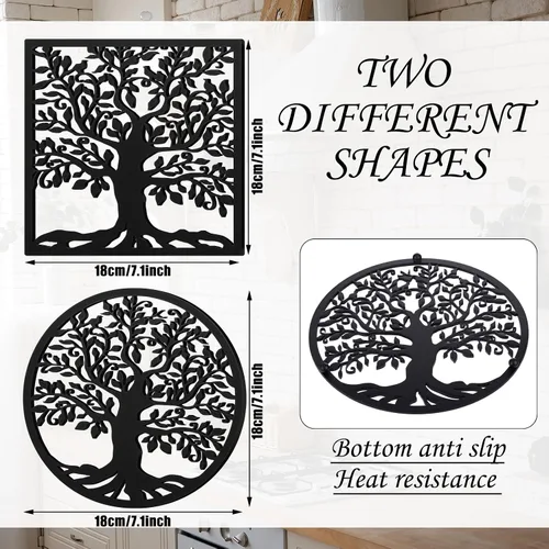Miniatura 3 de Beeveer Juego de 2 salvamanteles de hierro fundido para platos calientes de 7.1 pulgadas, juego de salvamanteles de árbol de metal de 7.1 pulgadas