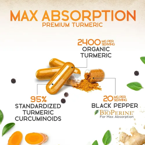 Miniatura 7 de Suplemento de curcumina de cúrcuma de 2600 mg – 95% curcuminoides con cúrcuma orgánica y pimienta negra BioPerine para una mejor absorción, apoyo