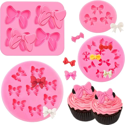 Puyeipt 4 moldes de silicona para lazos, moldes para fondant de mini lazos, moldes de silicona de caramelo de chocolate para decoración de cupcakes,