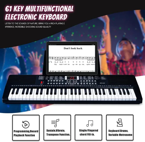 Miniatura 3 de Piano de teclado de 61 teclas para principiantes con teclas iluminadas y modos de enseñanza profesional, incluye soporte, banco, micrófono, soporte