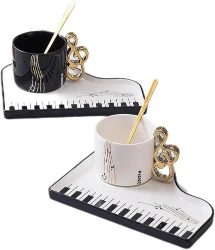 Taza de café creativa de piano, taza de té de cerámica con platillo y cuchara, tazas de café para oficina y hogar, 6.5 oz/6.8 fl oz para té, café