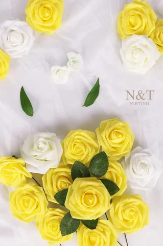 Miniatura 435 de N&T NIETING Flores artificiales, rosas artificiales de color rosa intenso, 50 piezas de flores falsas con tallo para ramos de boda DIY, centros