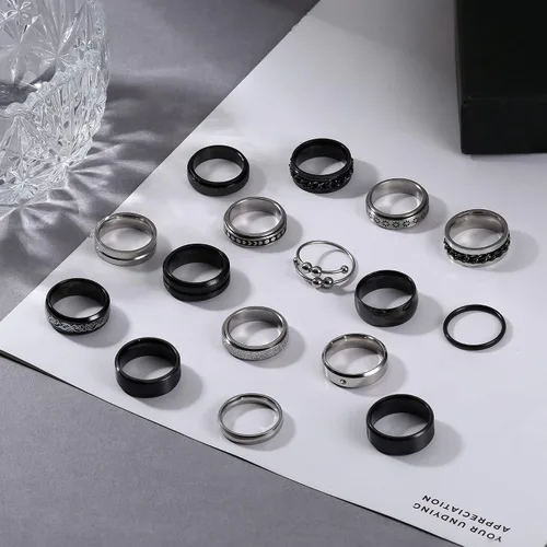 Miniatura 5 de IRONBOX 16 anillos de acero inoxidable para hombres y mujeres, anillos antiestrés para la ansiedad, anillos de cadena giratoria, anillos de boda