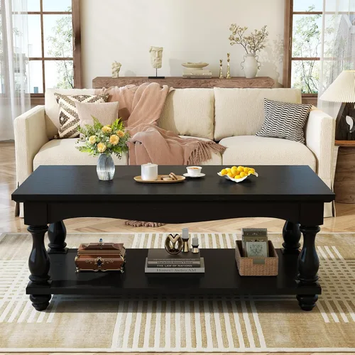 Miniatura 7 de Besiost Mesa auxiliar de 47 pulgadas con almacenamiento, diseño de granja de 2 niveles, patas de madera maciza, mediados de siglo para sala de Negro