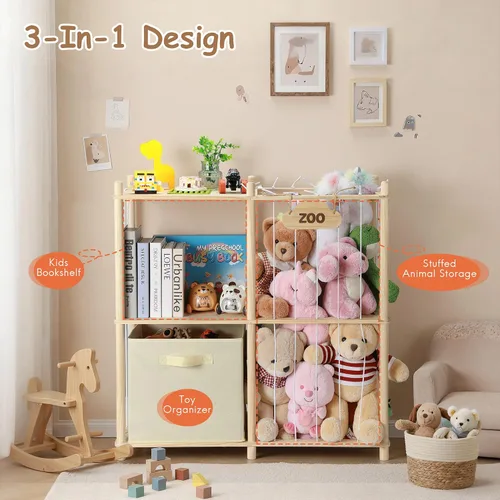 Miniatura 3 de LAMU Almacenamiento de animales de peluche, organizador de animales de madera con rellenos de zoológico con cordones elásticos, organizadores