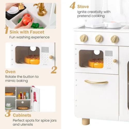 Miniatura 3 de INFANS Juego de cocina para niños, juego de cocina de madera para niños pequeños con estufa de teléfono, gabinete de almacenamiento de microondas