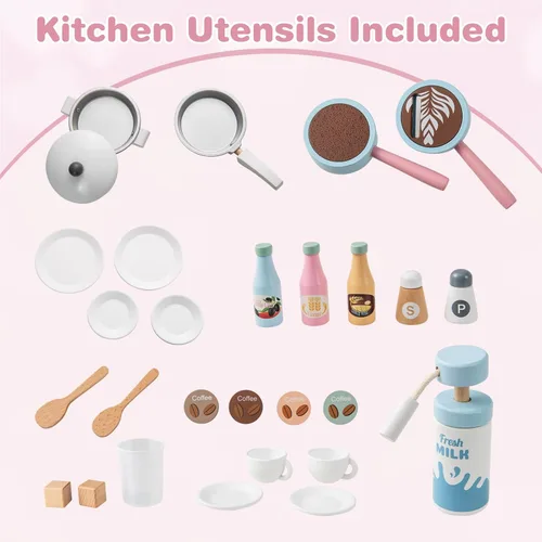 Miniatura 7 de INFANS Juego de cocina para niños, juego de cocina de madera para niños pequeños, juego de juguetes de cocina con cafetera, máquina de hielo, Rosa