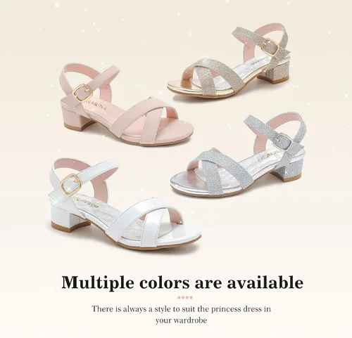 Miniatura 7 de Sandalias para niñas, tacones para niños, puntera abierta, correa al tobillo, zapatos de vestir, flores para boda, fiesta para niños pequeños
