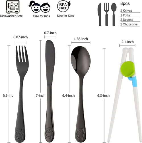 Miniatura 2 de Utensilios de acero inoxidable para niños con palillos de entrenamiento Cubiertos para niños Cuchara + tenedor + cuchillo + palillos 4-12 años