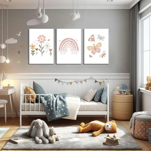 Miniatura 2 de Lienzo bohemio rosa para cuarto de bebé, arte de pared para habitación de niños, decoración de pared, diseño de flores de mariposa para niños
