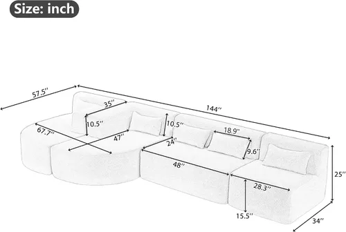 Miniatura 2 de P PURLOVE Sofá modular modular combinado, 4 sofás combinados, tapizado moderno con 2 tumbonas y 5 almohadas traseras para sala de estar, oficina