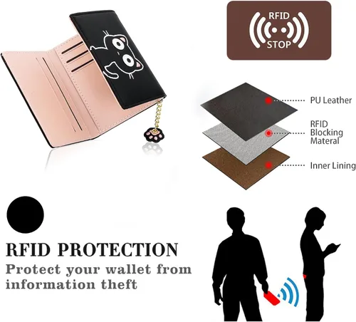 Miniatura 74 de CONISY Lindas carteras para mujer, de cuero con bloqueo RFID, pequeña cartera triple con ventana de identificación para niñas y mujeres