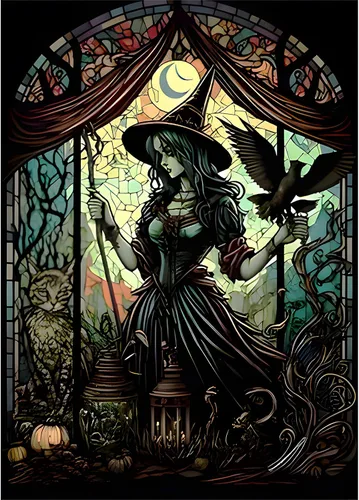 SENQAO Pinturas de diamantes de bruja 5D para adultos, pinturas de puntos de diamante de perforación completa de vidrieras, pintura redonda de gato