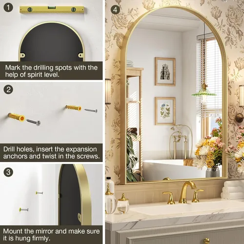 Miniatura 5 de Brightify - Espejo arqueado de 30 x 40 pulgadas, espejo dorado con marco de metal para pared, espejo de tocador superior para baño, espejo para sala