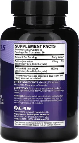 Miniatura 2 de EAS HMB 1500mg Beta-hidroxi beta-metilbutirato de calidad Protege y apoya la masa muscular magra Recuperación mejorada y reparación muscular